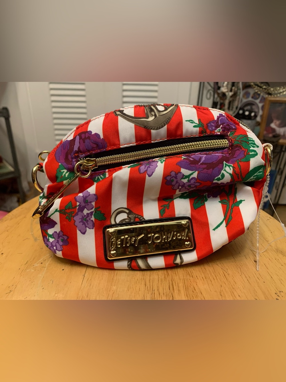 Betsey Johnson Red, White & Purple Striped Floral Mini Crossbody